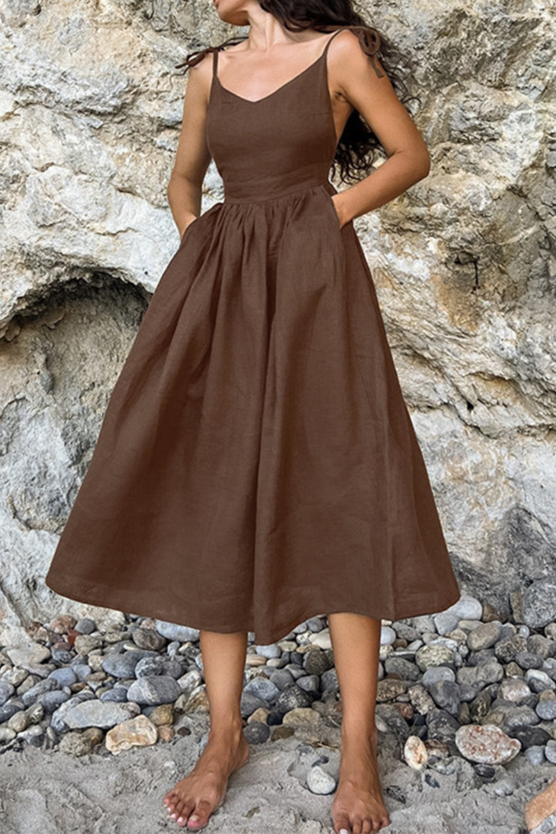 Sexy Solid Frenulum V Neck Sling Dress Dresses Brown