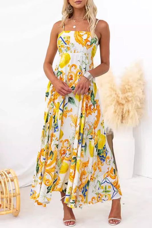 Sexy Vacation Floral Bandage Square Collar Printed Dress Dresses Yellow