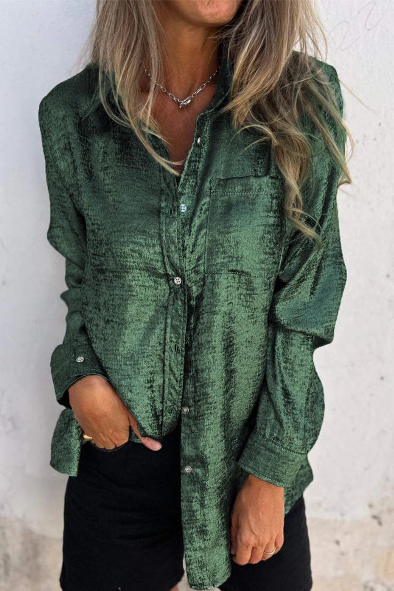 Casual Solid Sequined Turndown Collar Tops Green