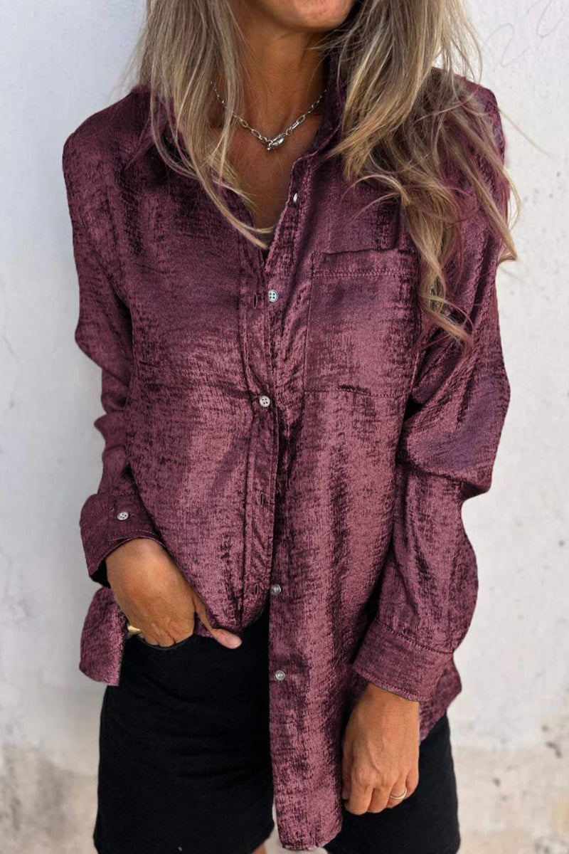 Casual Solid Sequined Turndown Collar Tops Burgundy