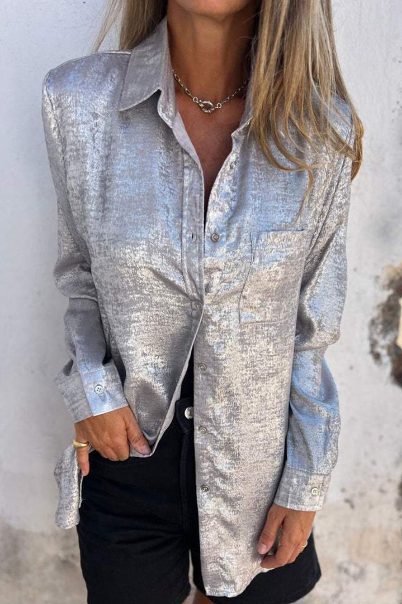 Casual Solid Sequined Turndown Collar Tops Silver