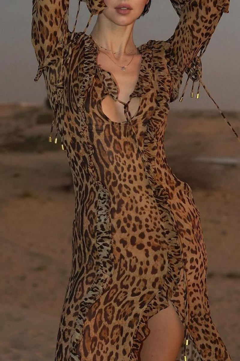 Sexy Celebrities Leopard Flounce Slit V Neck Long Sleeve Dresses