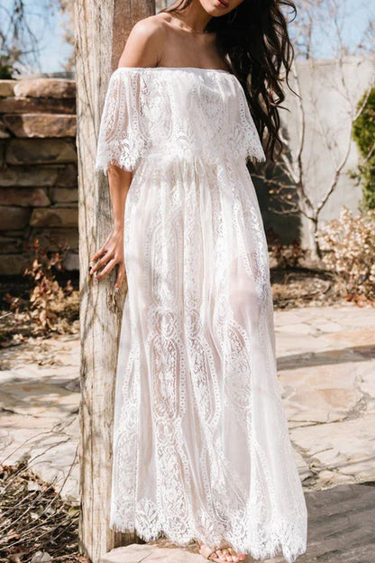 Elegant Solid Lace See-through Off the Shoulder A Line Dresses White