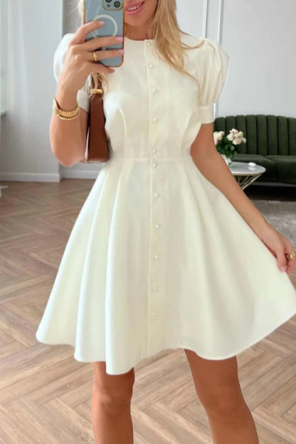 Casual Solid Patchwork O Neck Short Sleeve Dress(4 Colors) White