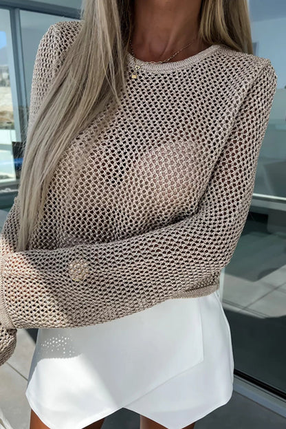 Sexy Vacation Solid Hollowed Out See-through O Neck Tops