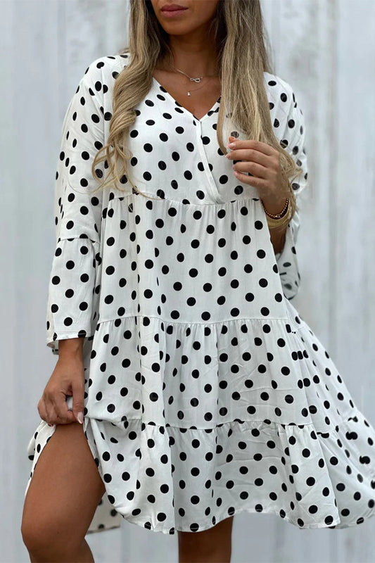 Elegant Print Polka Dot Flounce V Neck A Line Dresses White