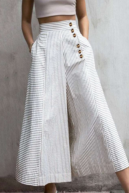 Casual Striped Pocket Buttons Loose High Waist Wide Leg Full Print Bottoms(3 Colors) White