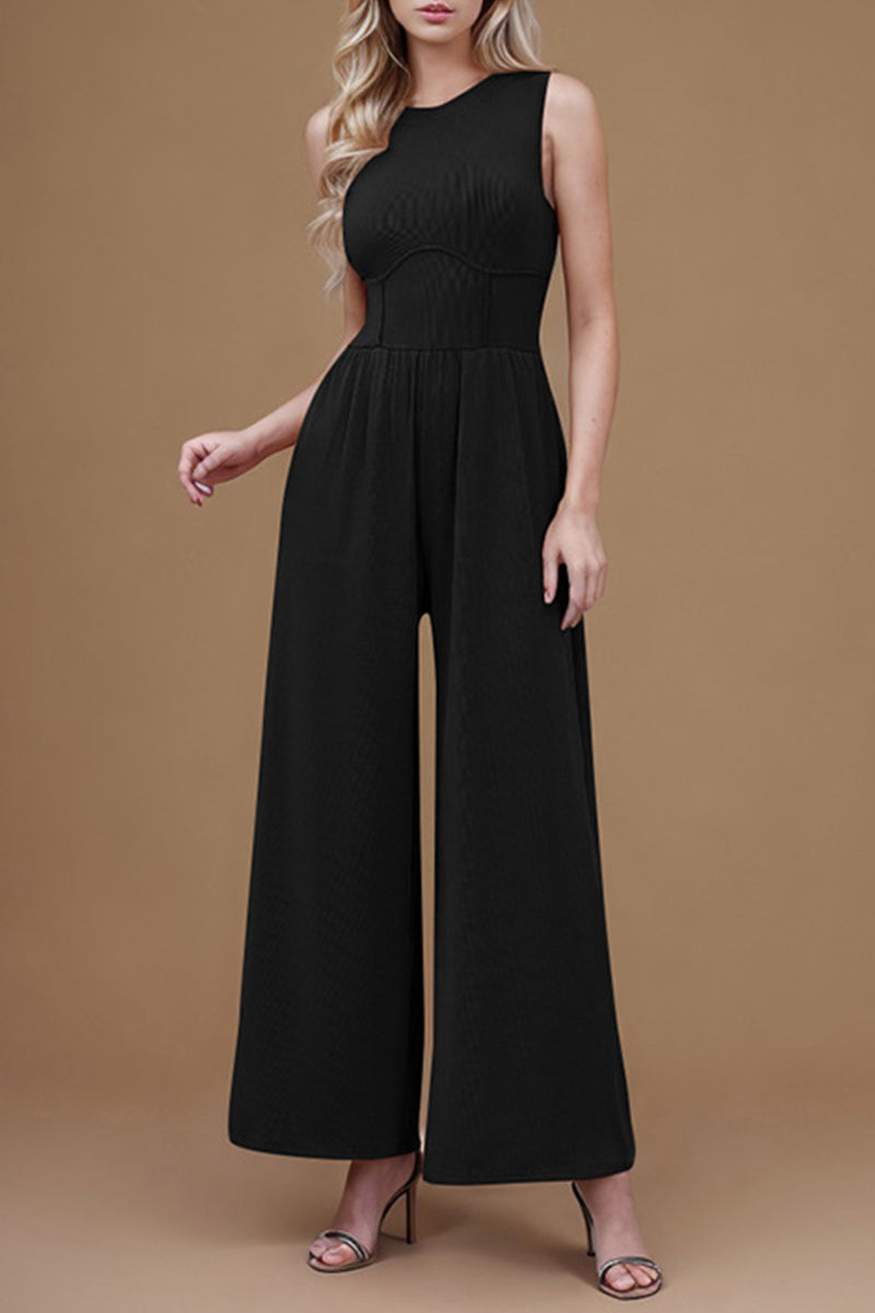 Casual Simplicity Solid Pocket Zipper O Neck Regular Jumpsuits Black