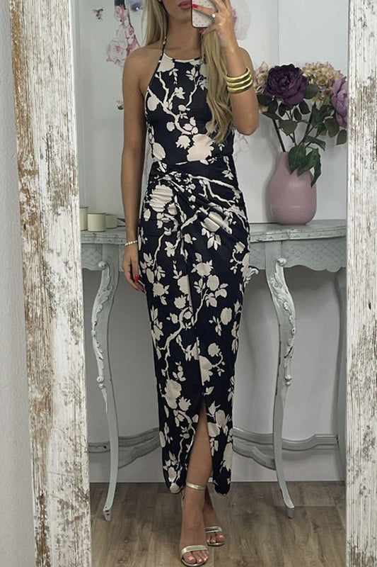 Elegant Floral Slit Fold Halter Printed Dress Dresses Black