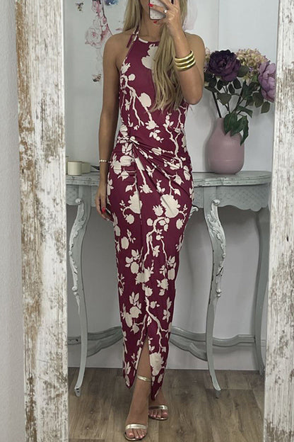 Elegant Floral Slit Fold Halter Printed Dress Dresses Burgundy