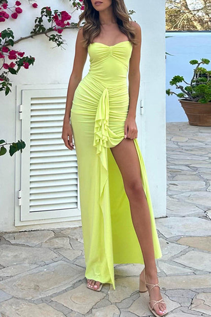 Sexy Solid Backless Slit Fold Halter Wrapped Skirt Dresses Green