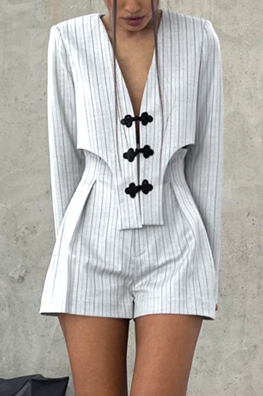 Casual British Style Striped Buttons Asymmetrical V Neck Long Sleeve Two Pieces Light Gray