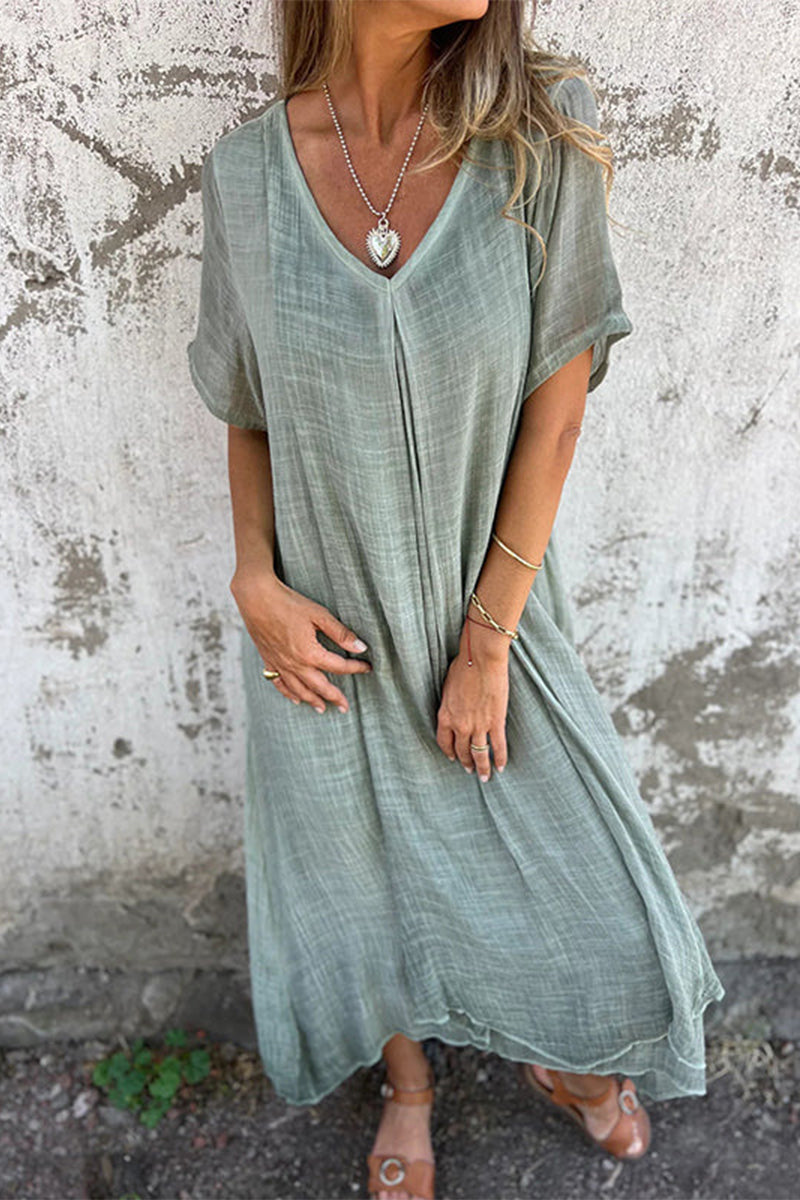 Casual Simplicity Solid Patchwork V Neck Short Sleeve Dress Malachite Green