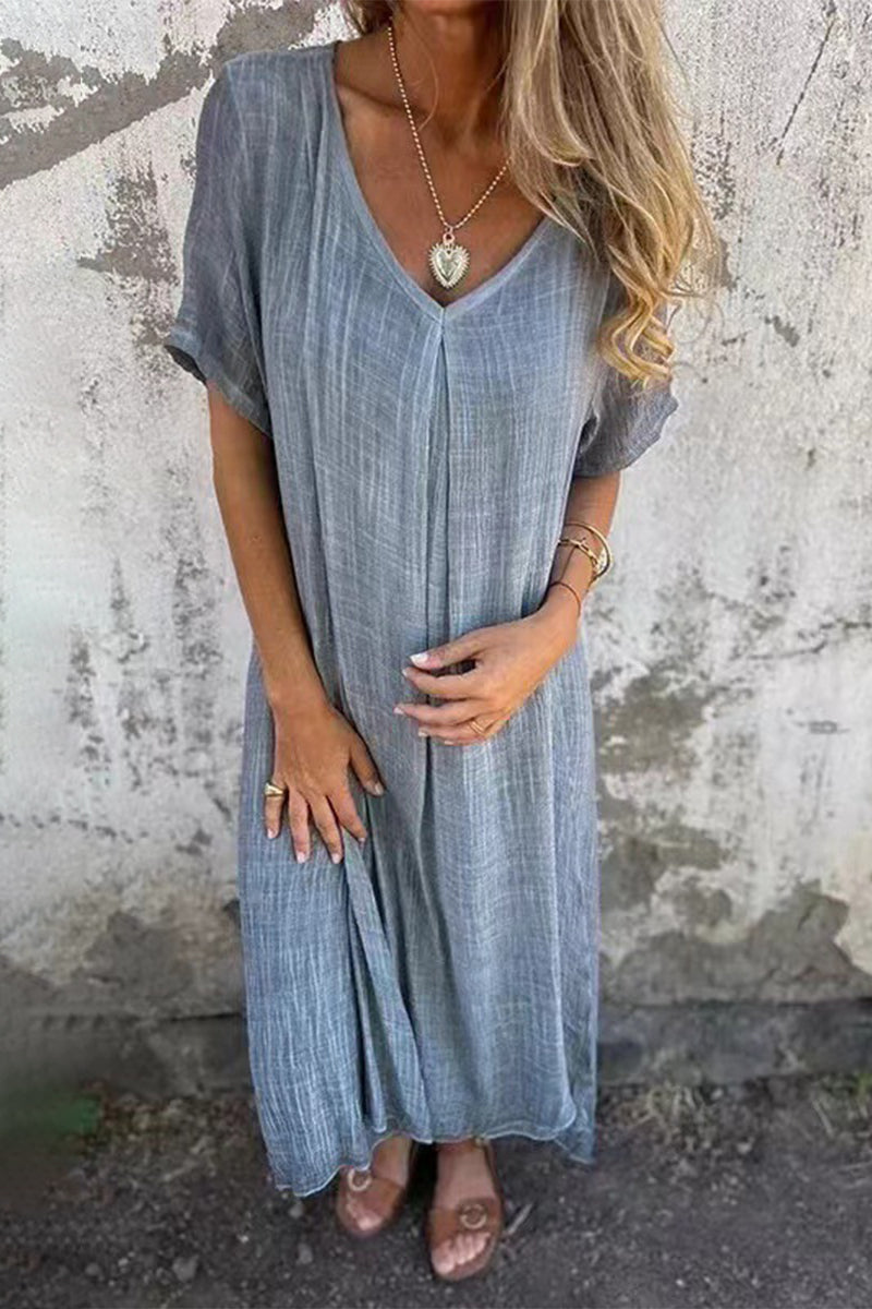 Casual Simplicity Solid Patchwork V Neck Short Sleeve Dress Grey