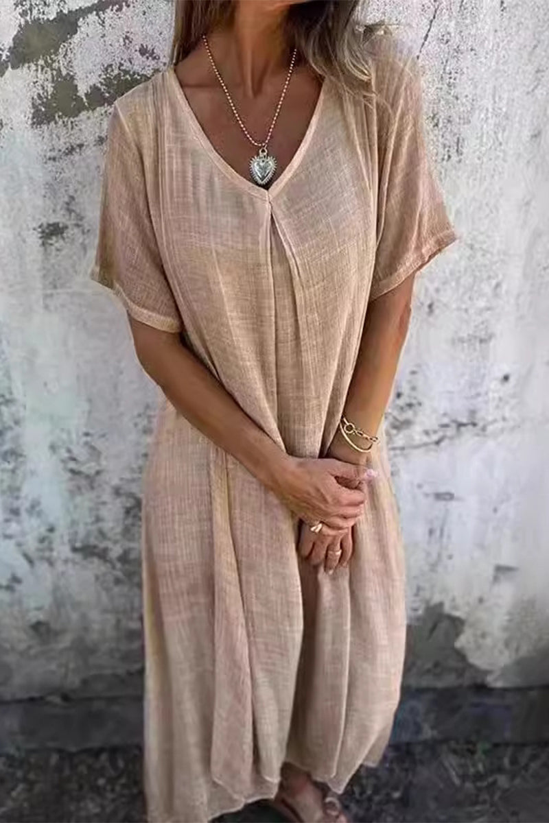 Casual Simplicity Solid Patchwork V Neck Short Sleeve Dress Apricot