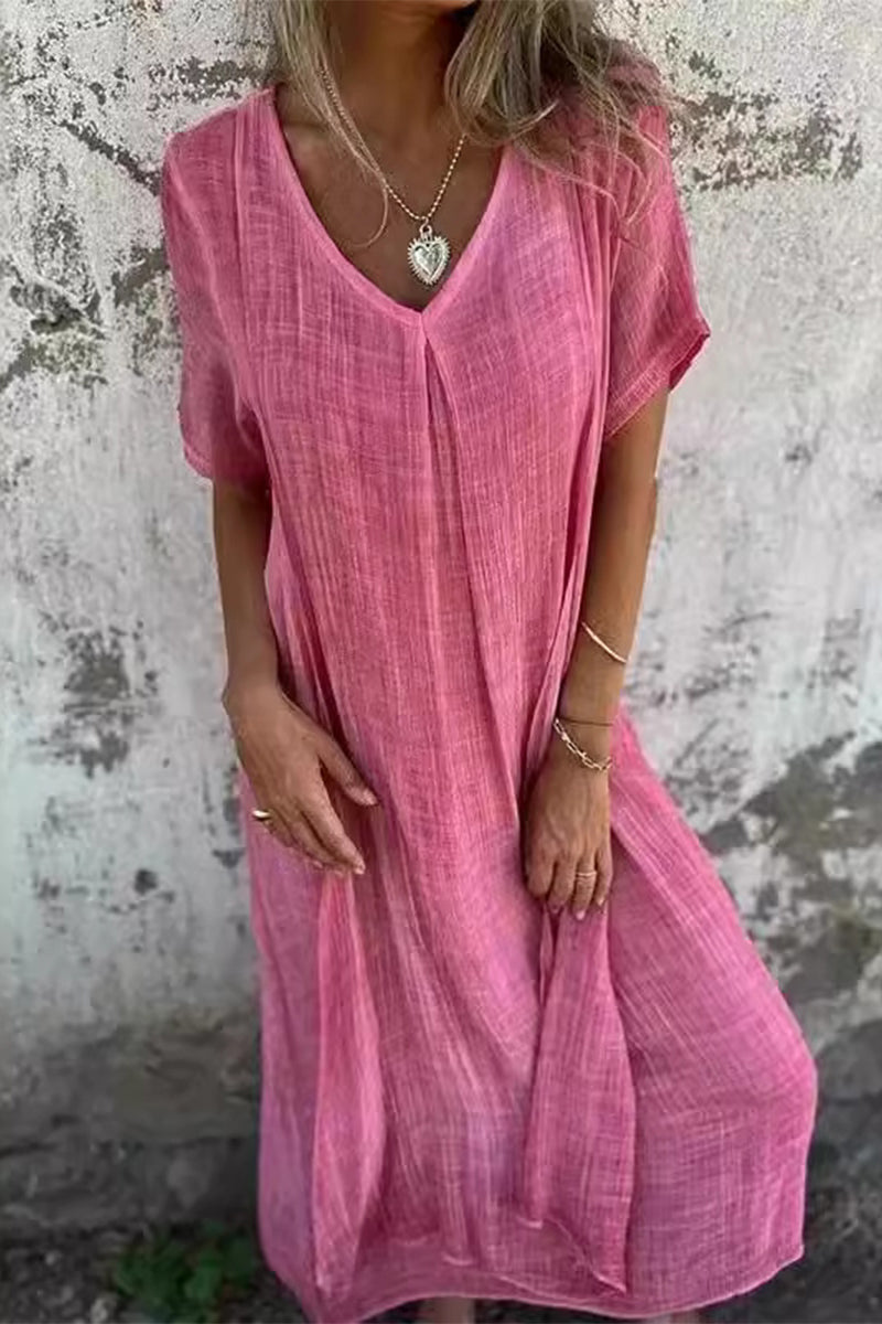 Casual Simplicity Solid Patchwork V Neck Short Sleeve Dress Pink