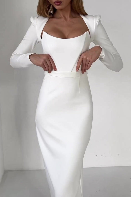 Celebrities Elegant Solid Backless Square Collar Evening Dress Dresses White