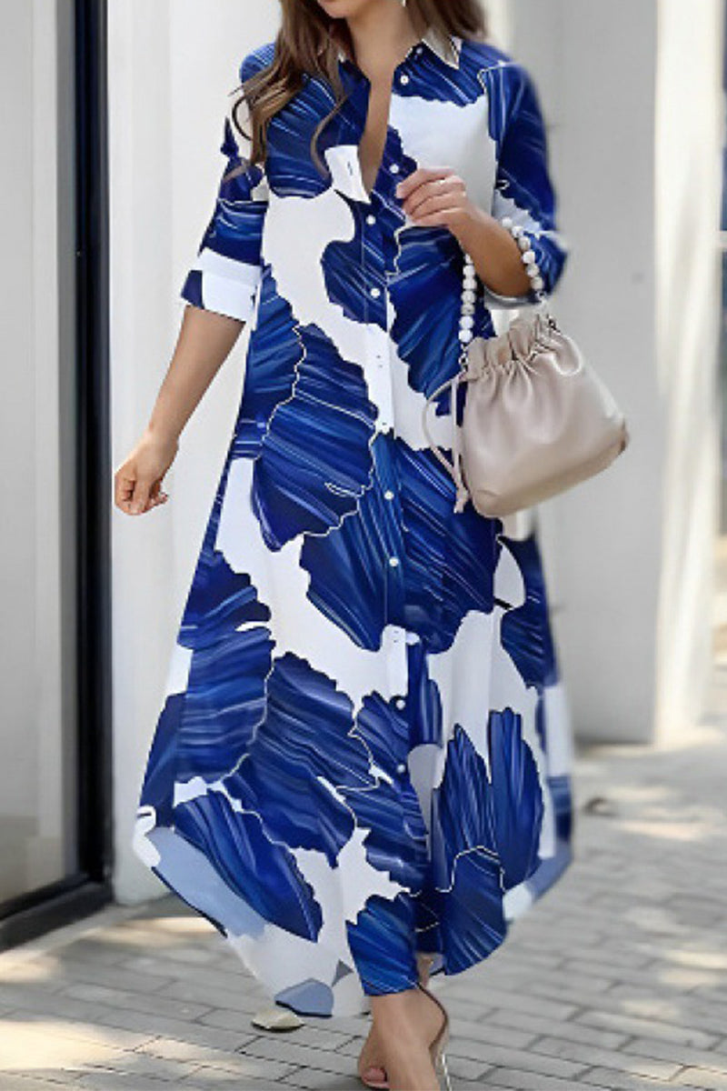 Casual Geometric Print Buckle Turndown Collar Shirt Dresses Blue