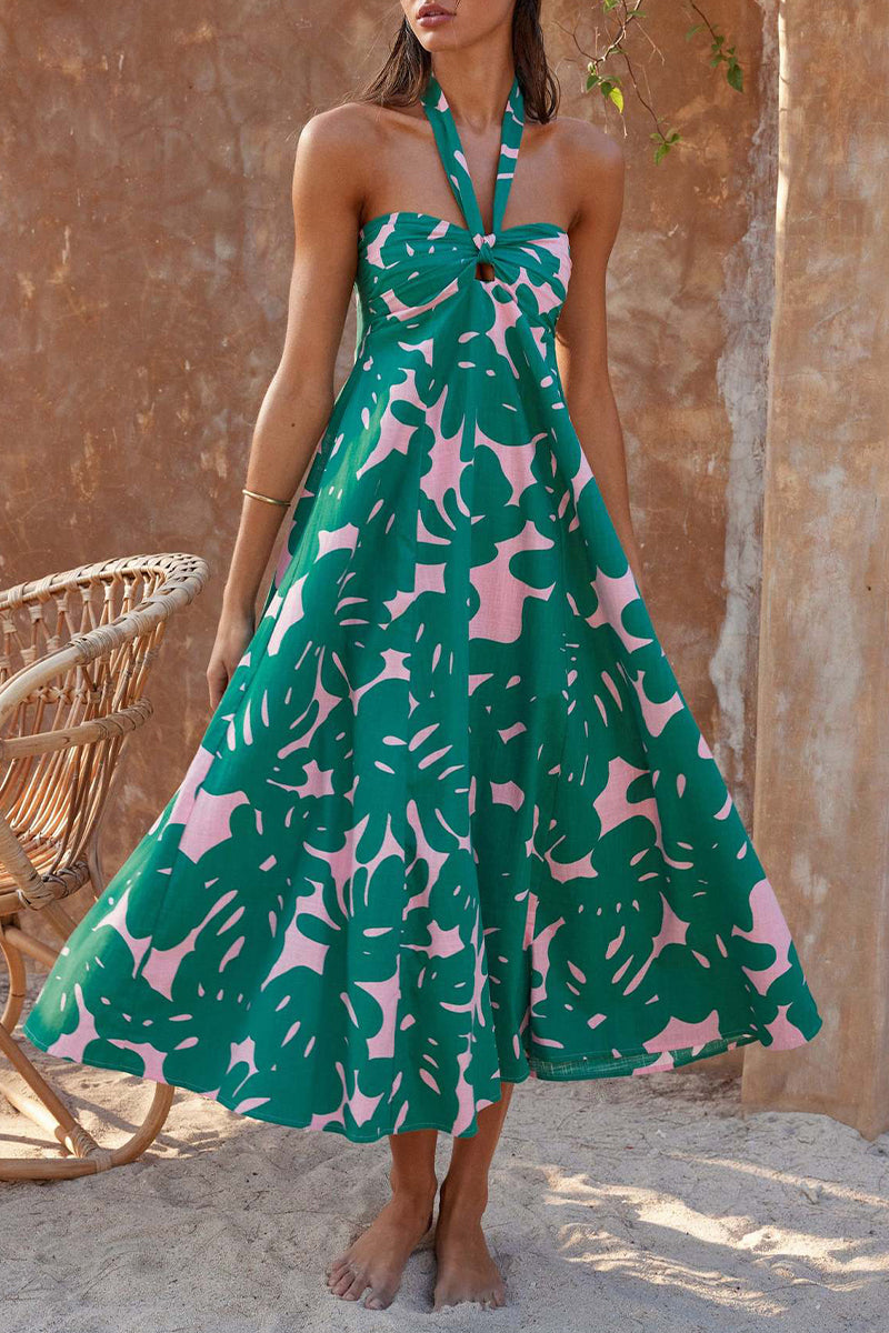 Sexy Bohemian Floral Backless Halter Printed Dresses Green