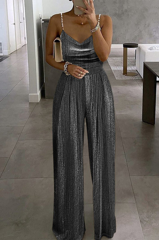 Casual Solid Beading Fold U Neck Loose Jumpsuits(3 Colors) Grey