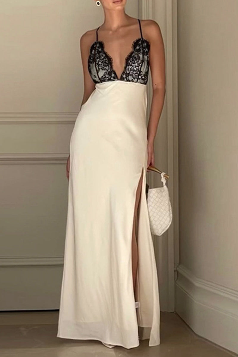 Sexy Solid Lace Backless Slit V Neck Sling Dresses Apricot