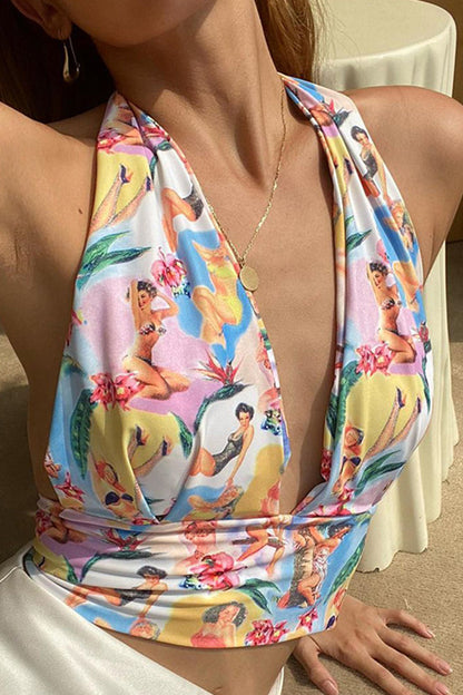 Sexy Vacation Character Print Bandage Halter Tops