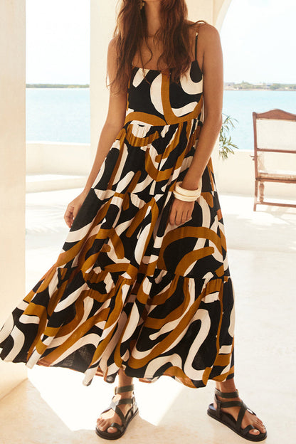 Casual Geometric Print Flounce Square Collar Sling Dresses Black Gold