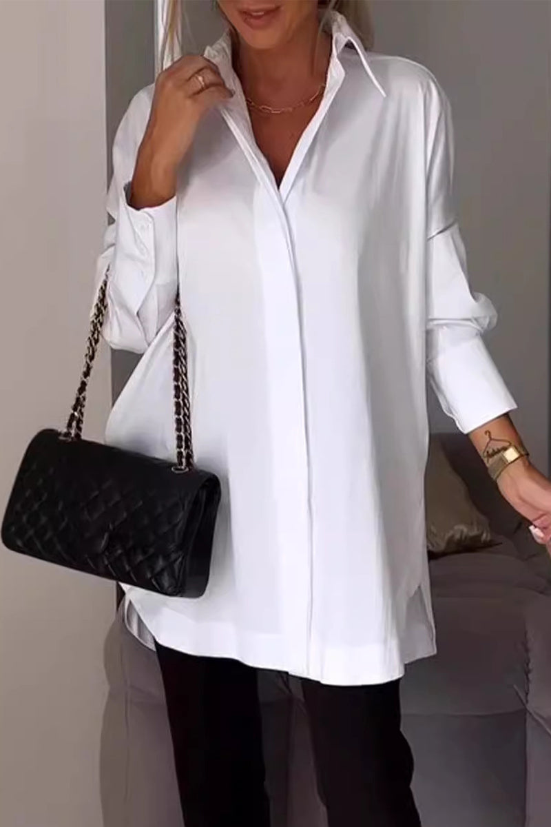 Casual Simplicity Solid Buttons Turndown Collar Tops White