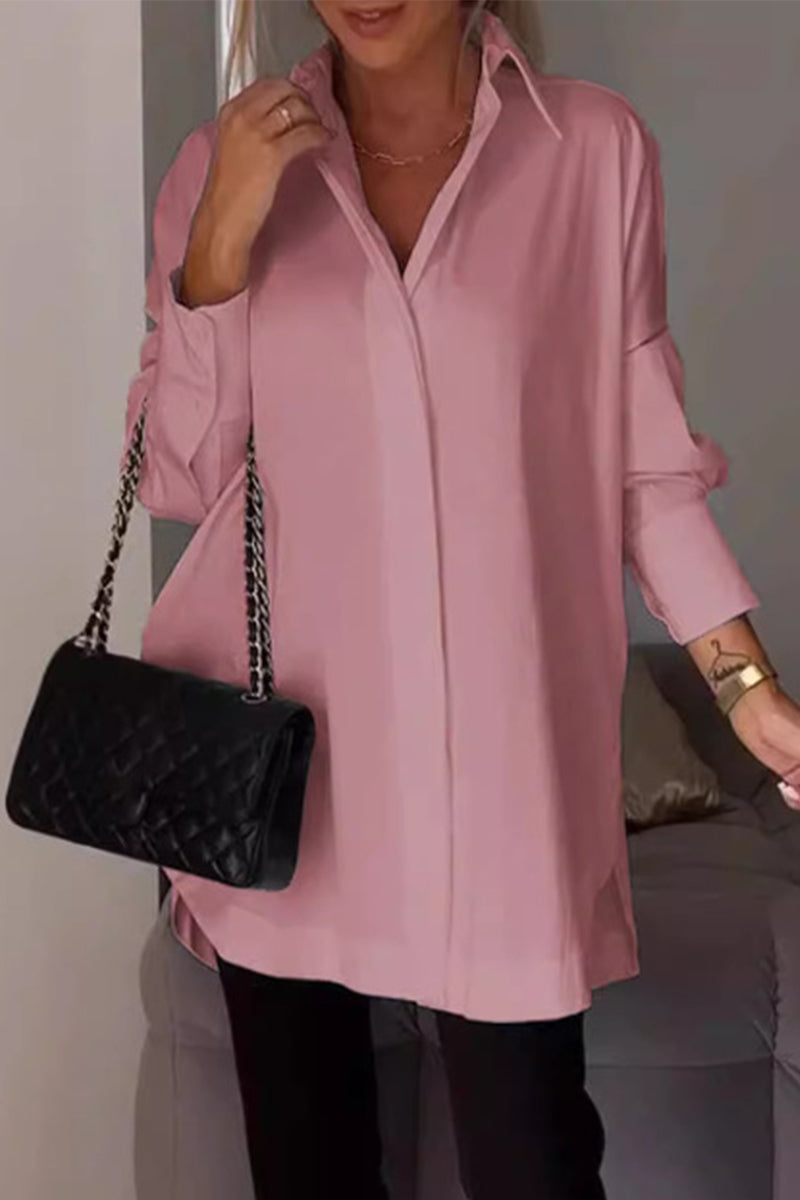 Casual Simplicity Solid Buttons Turndown Collar Tops Pink