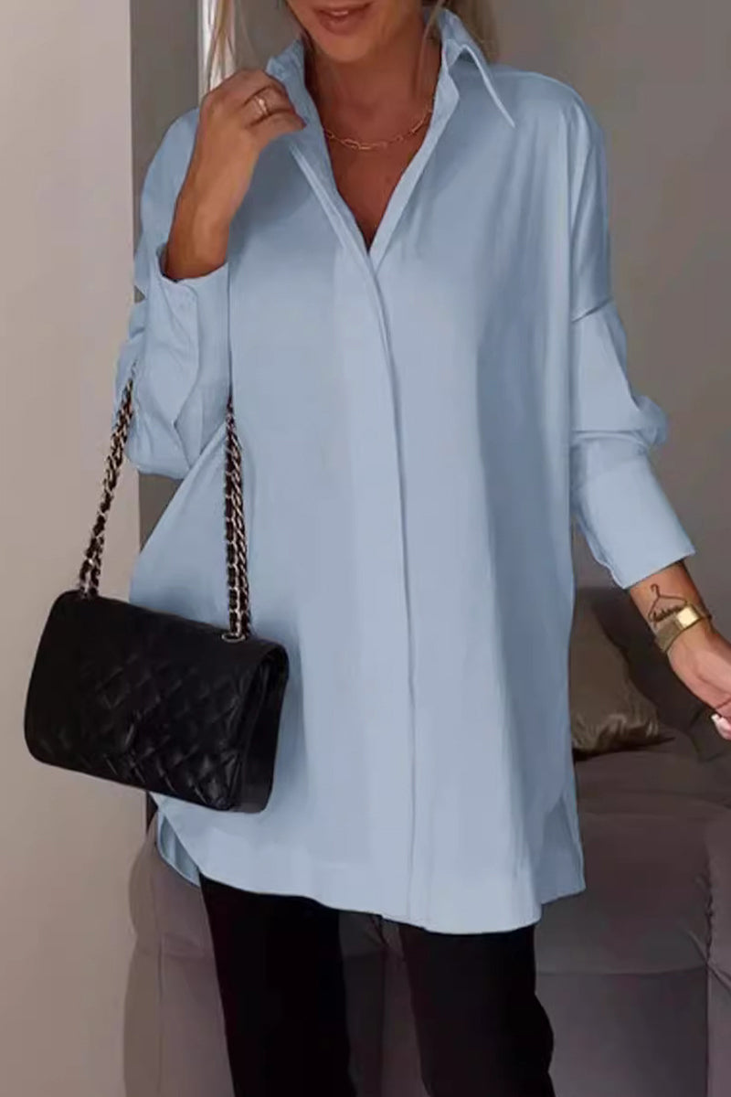 Casual Simplicity Solid Buttons Turndown Collar Tops Light Blue