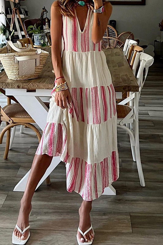 Casual Striped Patchwork V Neck Dresses White