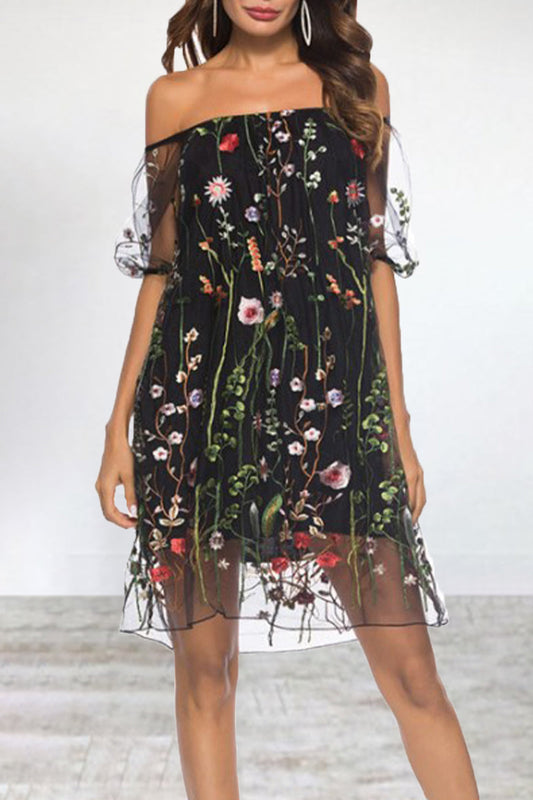 Elegant Animal Flowers Leaves Lace Embroidered Off the Shoulder A Line Dresses Multicolor