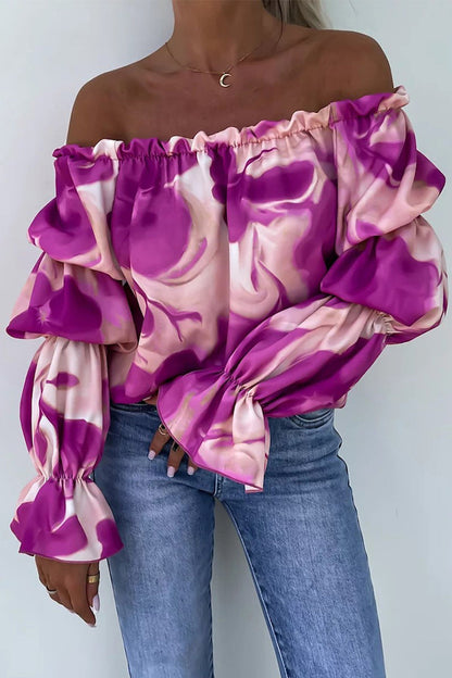 Sexy Print Flowers Fold Contrast Off the Shoulder Tops(3 Colors) Purple