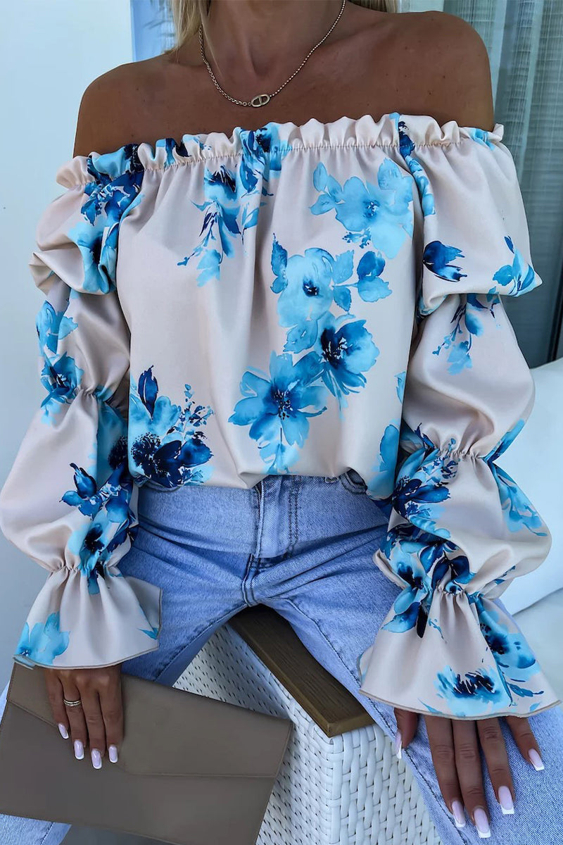 Sexy Print Flowers Fold Contrast Off the Shoulder Tops(3 Colors) Apricot