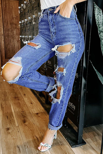 Casual Solid Ripped Pocket High Waist Loose Denim Jeans