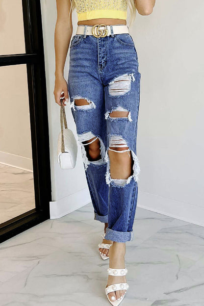 Casual Solid Ripped Pocket High Waist Loose Denim Jeans Dark Blue