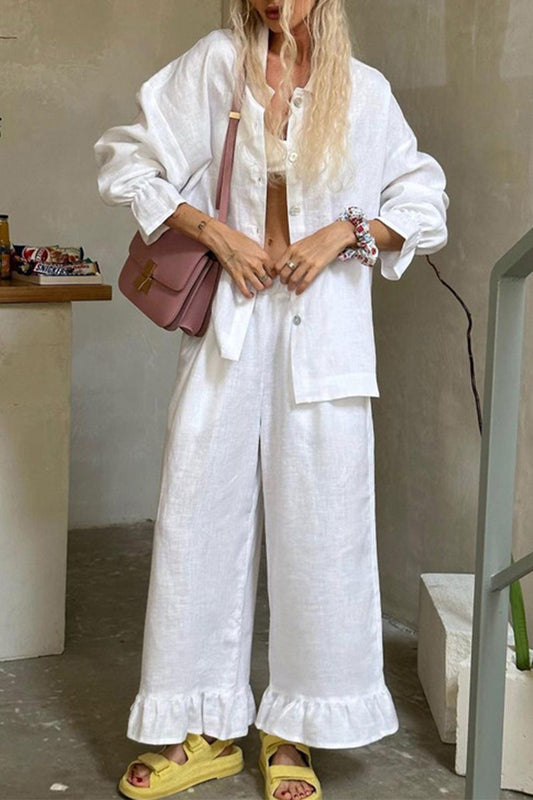 Casual Solid Buckle Flounce Turndown Collar Long Sleeve Two Pieces White