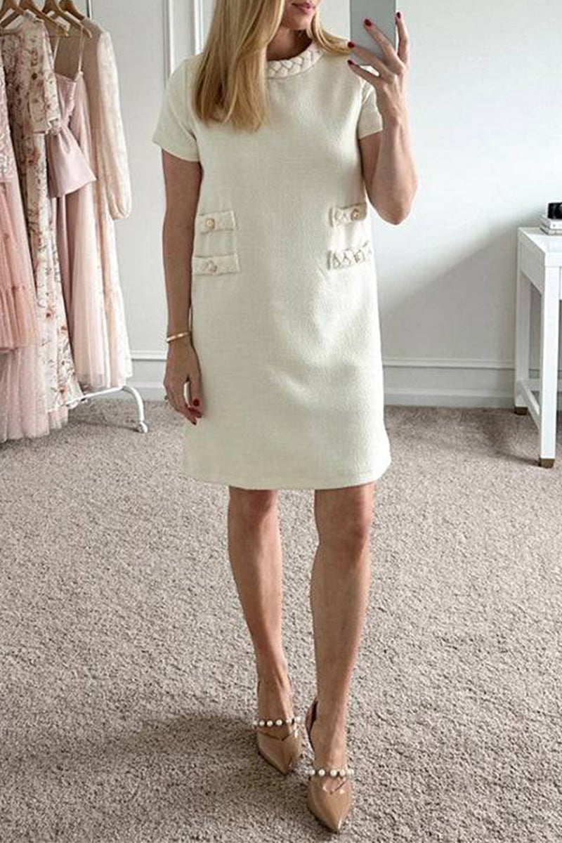 Celebrities Elegant Solid Buttons Weave O Neck A Line Short Sleeve Dress Apricot