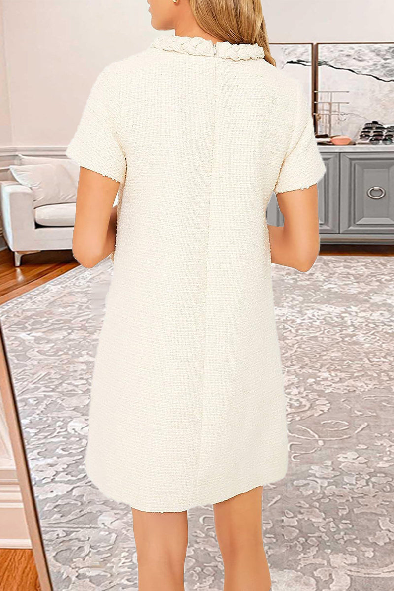 Celebrities Elegant Solid Buttons Weave O Neck A Line Short Sleeve Dress