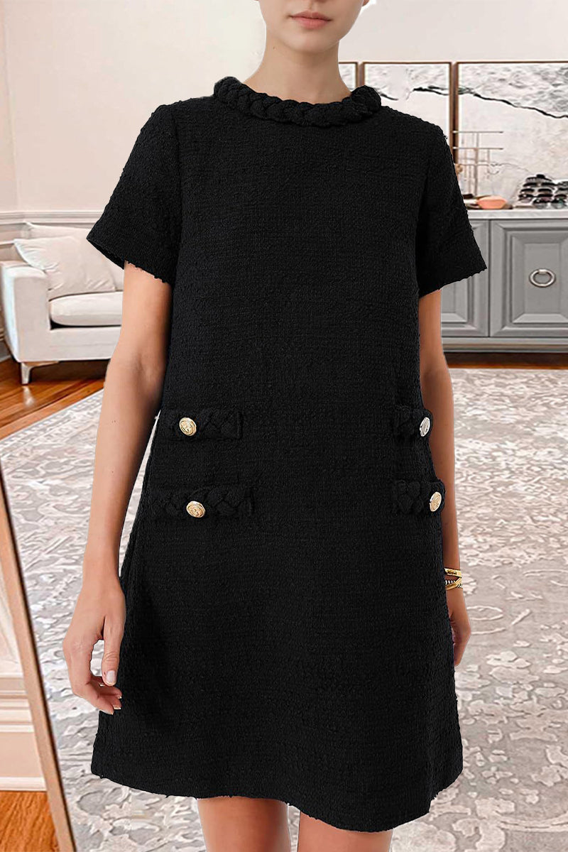 Celebrities Elegant Solid Buttons Weave O Neck A Line Short Sleeve Dress Black