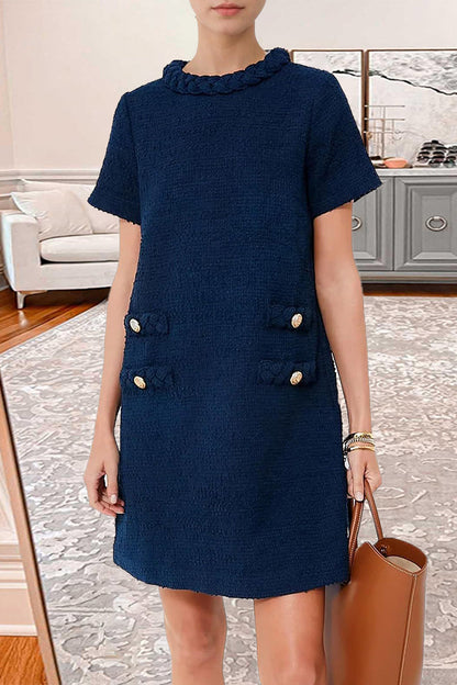 Celebrities Elegant Solid Buttons Weave O Neck A Line Short Sleeve Dress Deep Blue