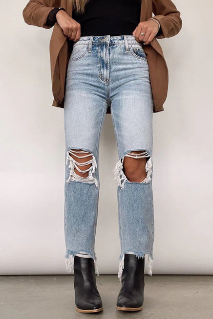 Casual Solid Ripped Make Old Loose Denim Jeans Light Blue