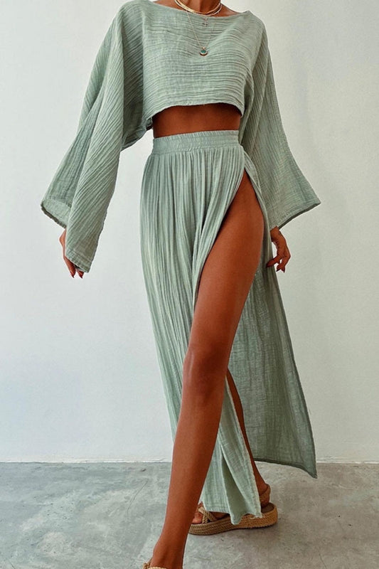 Casual Solid Slit O Neck Long Sleeve Two Pieces Light Green