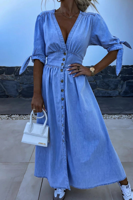 Elegant Solid Make Old Buckle V Neck Half Sleeve Loose Denim Dresses Light Blue