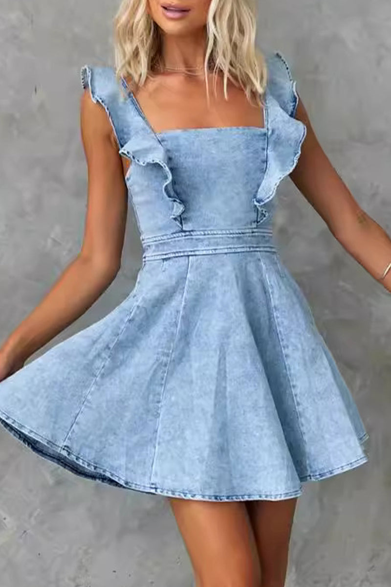 Sweet Elegant Make Old Flounce Denim Dresses Light Blue