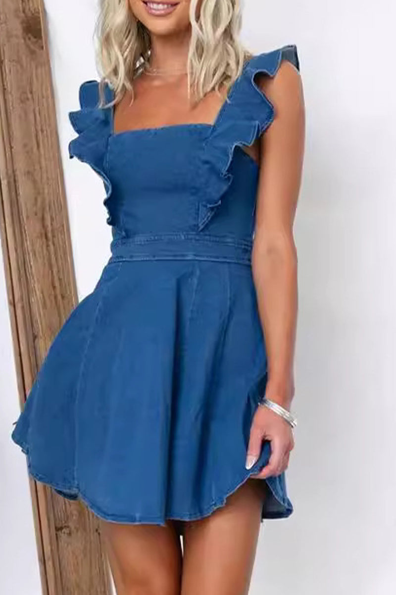 Sweet Elegant Make Old Flounce Denim Dresses