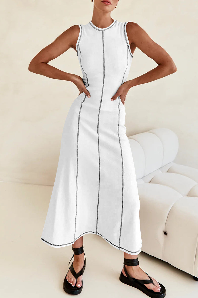 Casual Striped Contrast Weave O Neck Sleeveless Dresses White Black