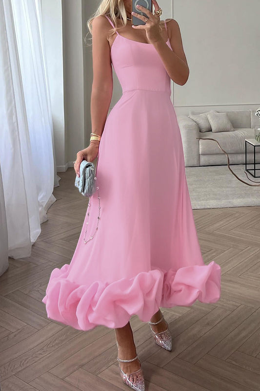 Celebrities Elegant Solid Fold Square Collar Sling Dresses Pink