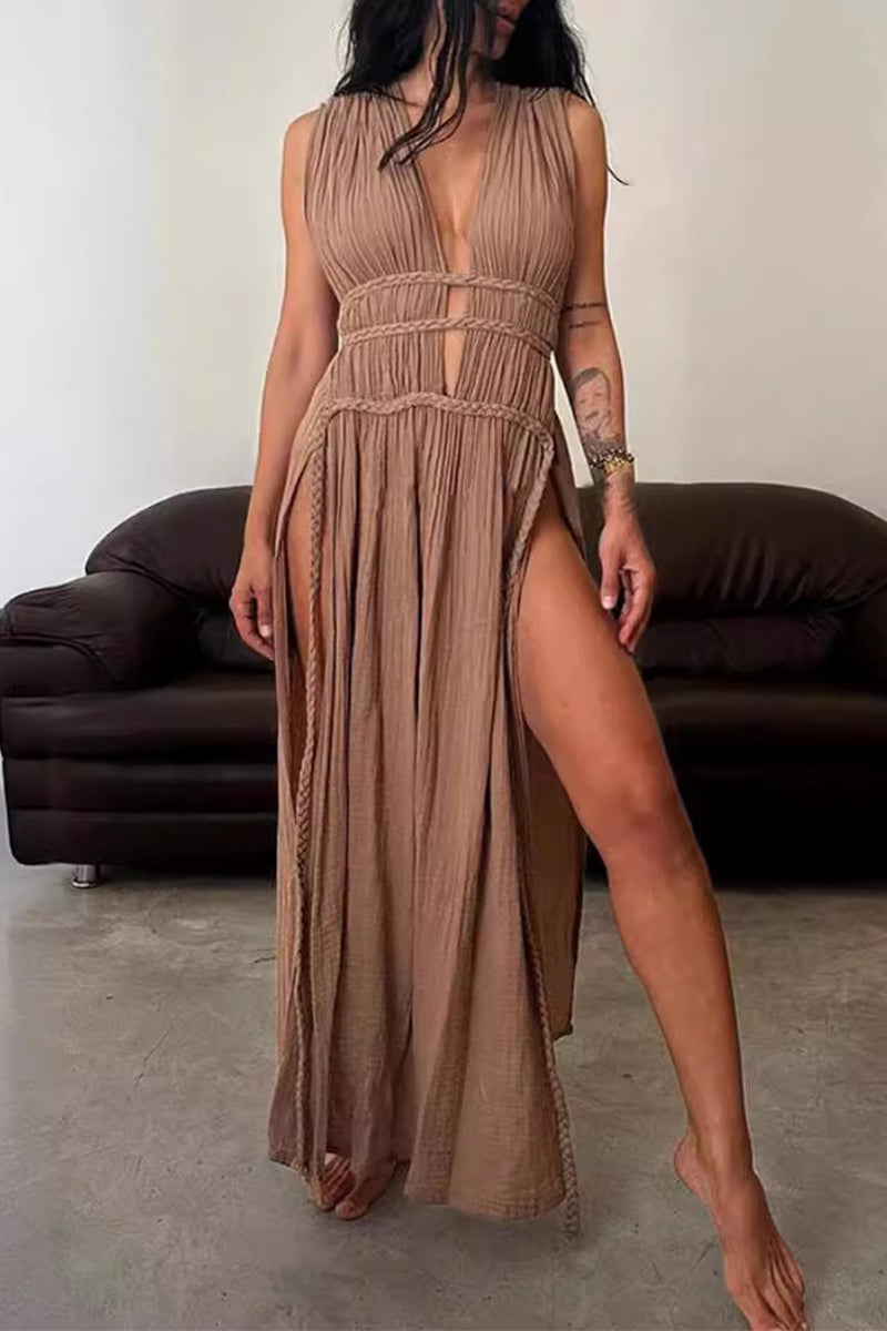 Sexy Bohemian Solid Slit V Neck Beach Dresses(3 Colors) Dark Brown One Size