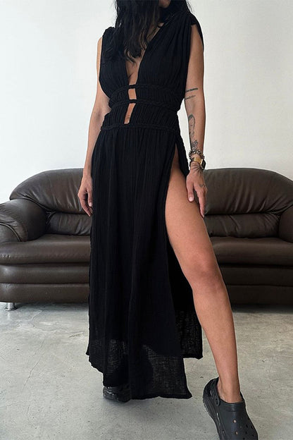 Sexy Bohemian Solid Slit V Neck Beach Dresses(3 Colors) Black One Size